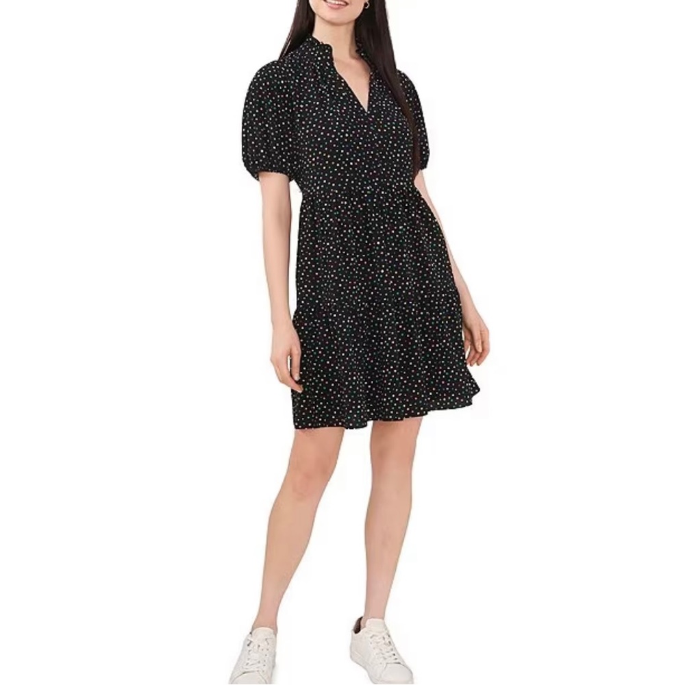 NWT CeCe Cosmic Dot Print Short Sleeve V-Neck Tiered Ruffle Hem Babydoll Dress